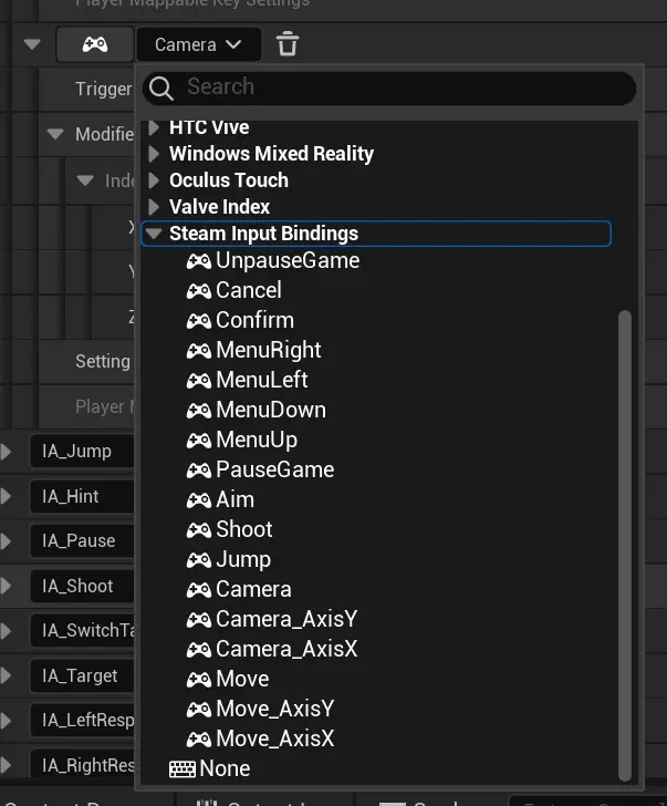 An image of a Input Mapping context's ´Bind Key´ window showing custom created input keys available for binding